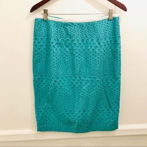 Boden Eyelet Teal Blue Pencil Skirt 8 Midi Cotton